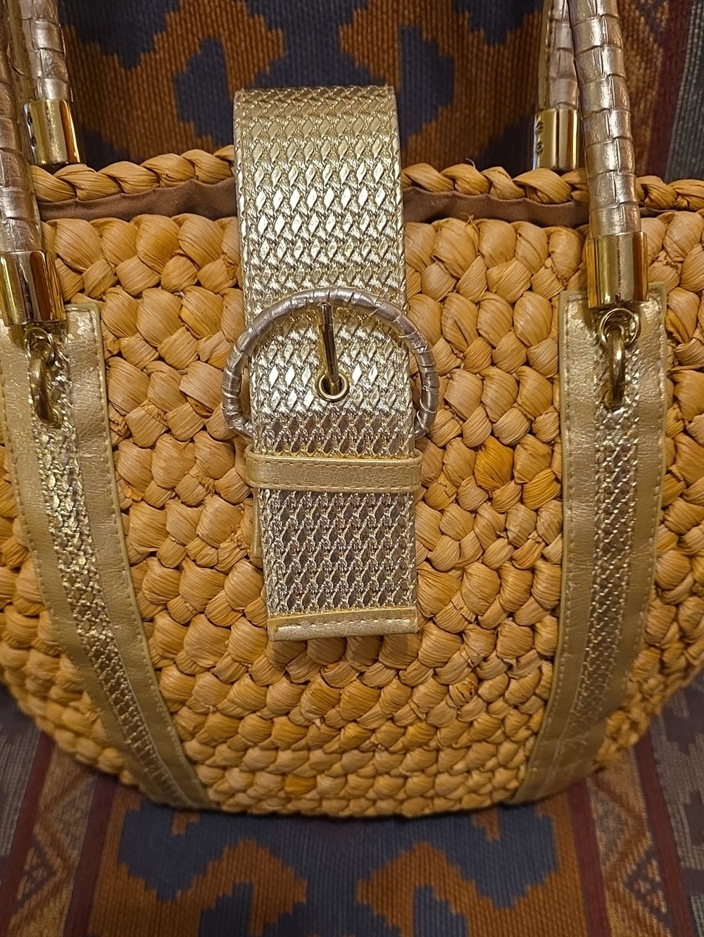 Y2K Straw Woven Vegan Leather Corn Husk Tote Bag Gold Buckle Beach Boho - Picture 8 of 15